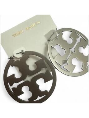 Tory Burch Large Roundness Logo Earrings  Silver